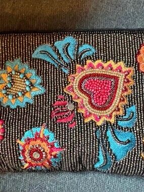Mary Frances Black Beaded Clutch with Turquoise, Red & Gold Accents